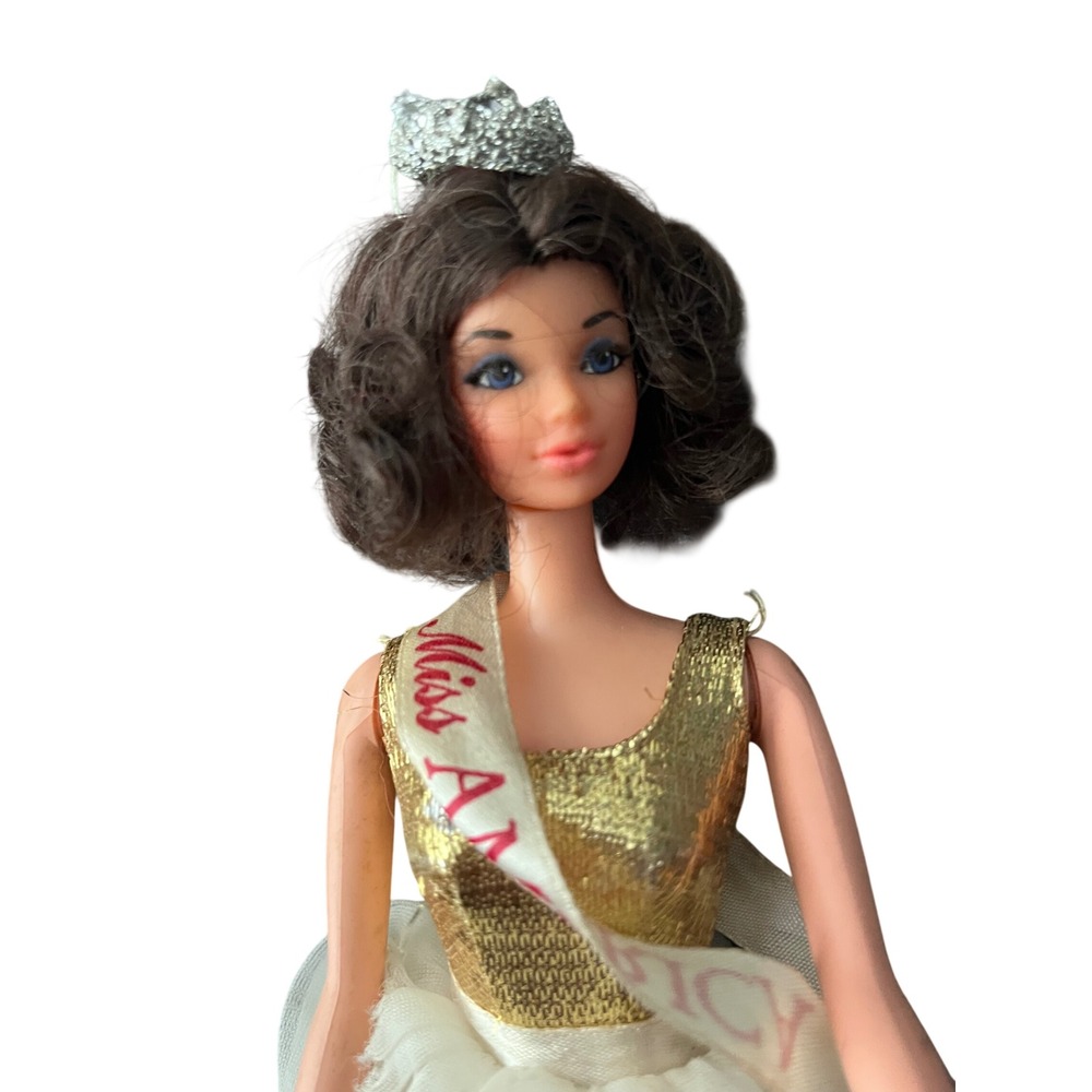 Vintage 1970s Mattel Barbie Miss America Doll Quick Curl Brunette Gold Gown Sash